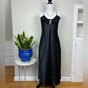 Vintage Black Satin Long Maxi Slip Dress Pinup Silky Lingerie Nightgown